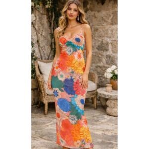 Fortunate One Floral Maxi Dress Medium Lace Trim Mesh Sheer Boho Cottagecore